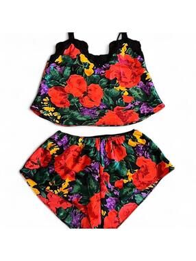 Vintage 90s Bold Floral Satin Lace Cami Shorts Set Coquette Maximalist Size S
